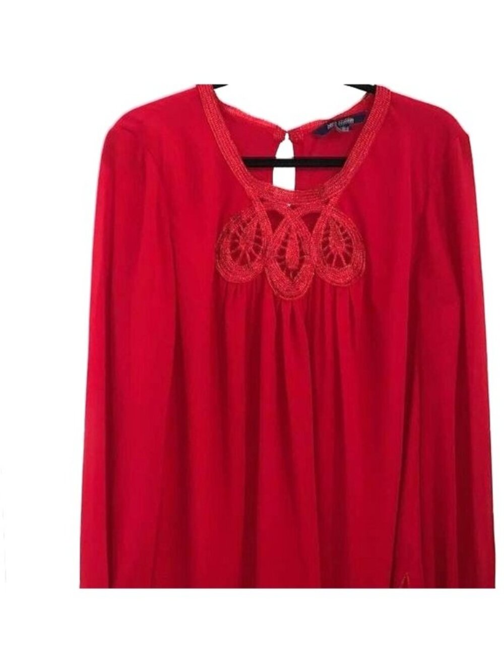 Red Long Sleeve Keyhole Blouse With Embroidered Neckline By Max Edition